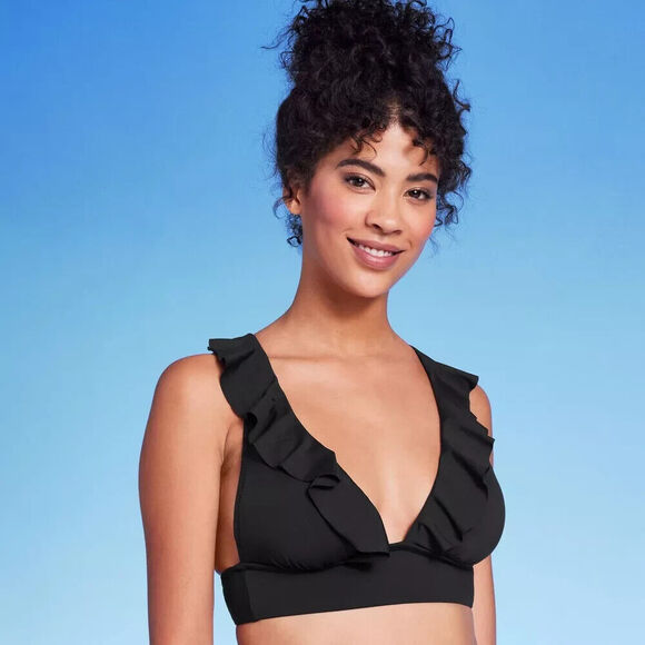 Shade & Shore Women's Ruffle V-Neck Longline Triangle Bikini Top - Black Medium - Picture 1 of 6